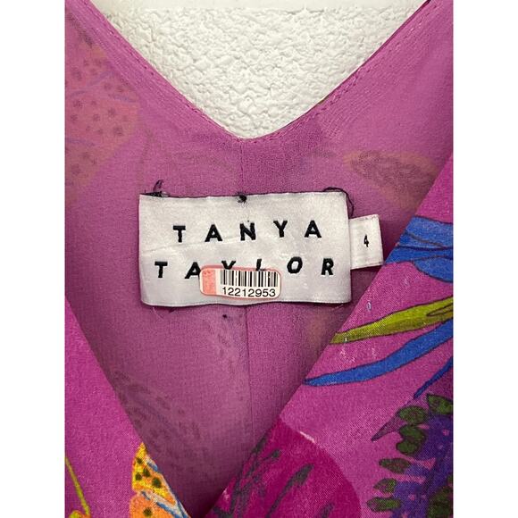 Tanya Taylor Sz 4 Pink Leaves Floral Print Silk Ruffled Hi-Low Wrap Midi Dress - Picture 5 of 7